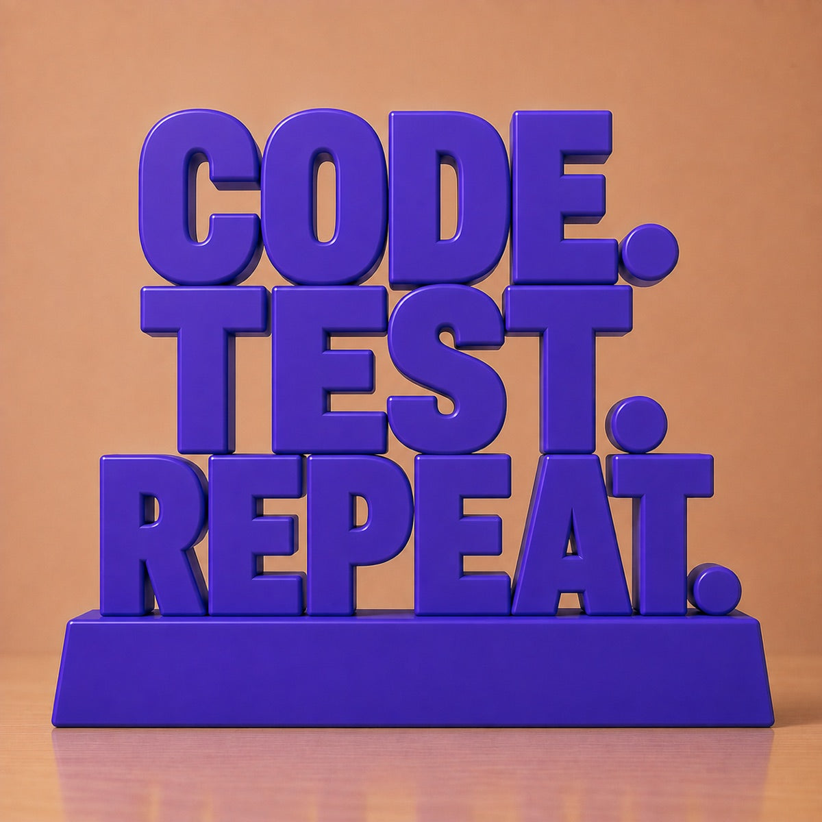 Concept render: stacked desk sign reading Code Test Repeat