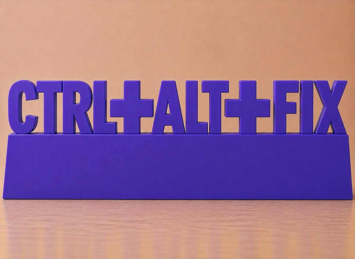 Concept render: stacked desk sign reading Ctrl Alt Fix
