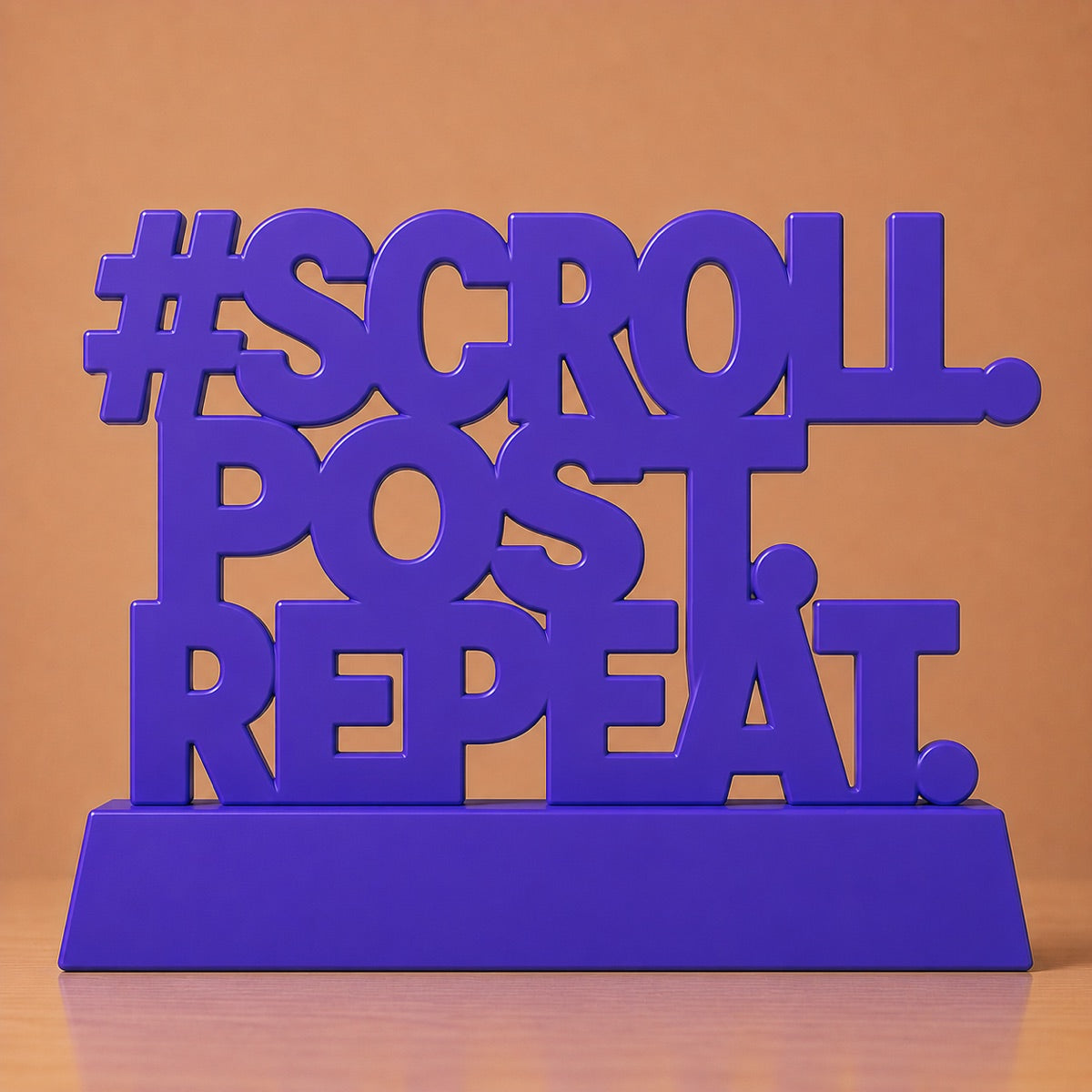 Concept render: stacked desk sign reading #Scroll Post Repeat